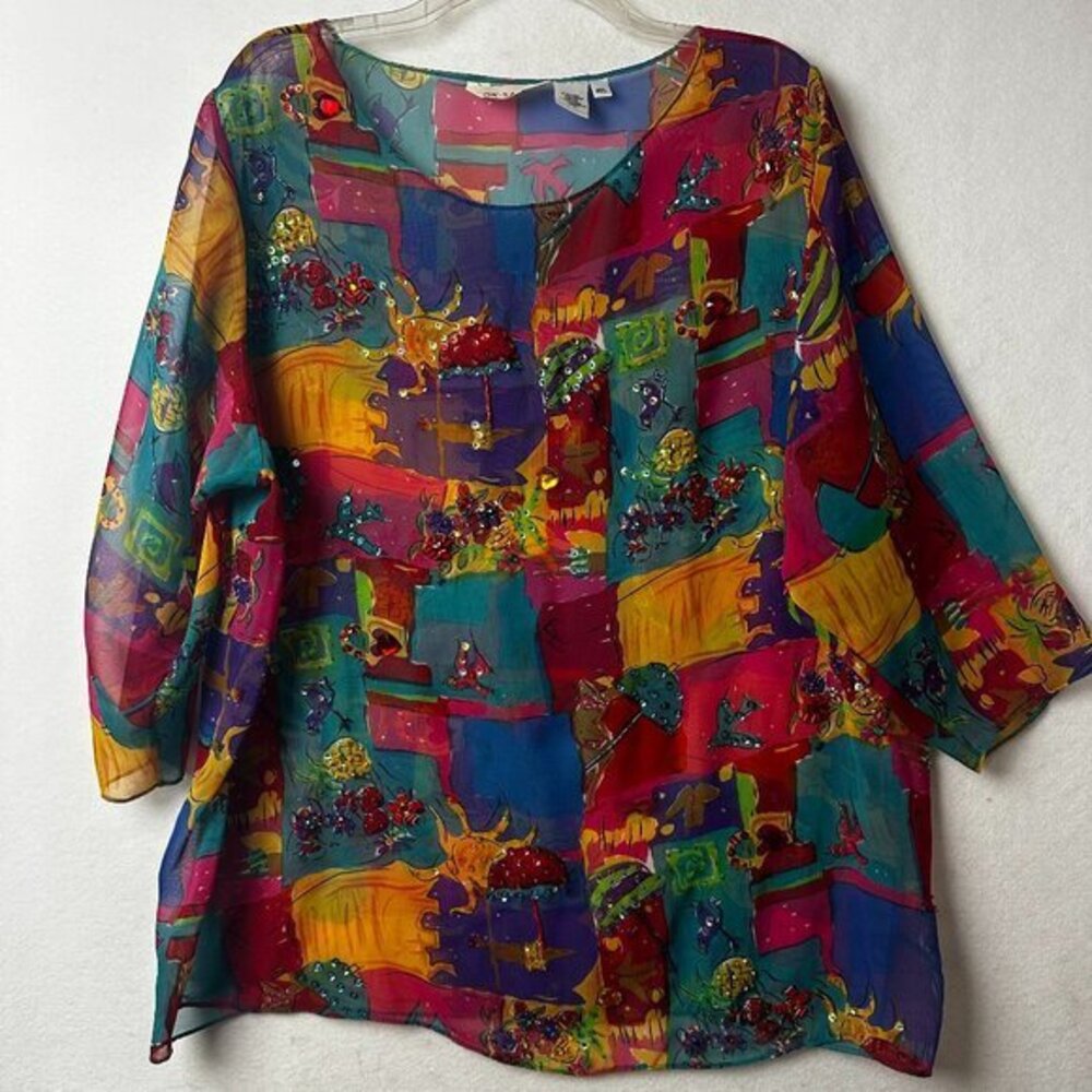 OK SAM tunic shirt sz M - L sheer embellished jeweled‎ swimsuit cover up artsy